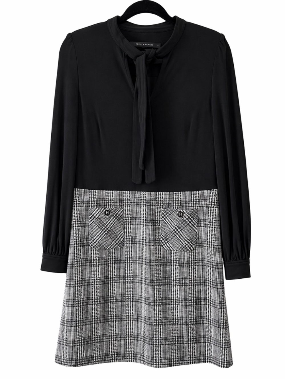 Tommy Hilfiger Petite 10 Black Tie Neck Mixed Media Dress Glen Plaid Houndstooth